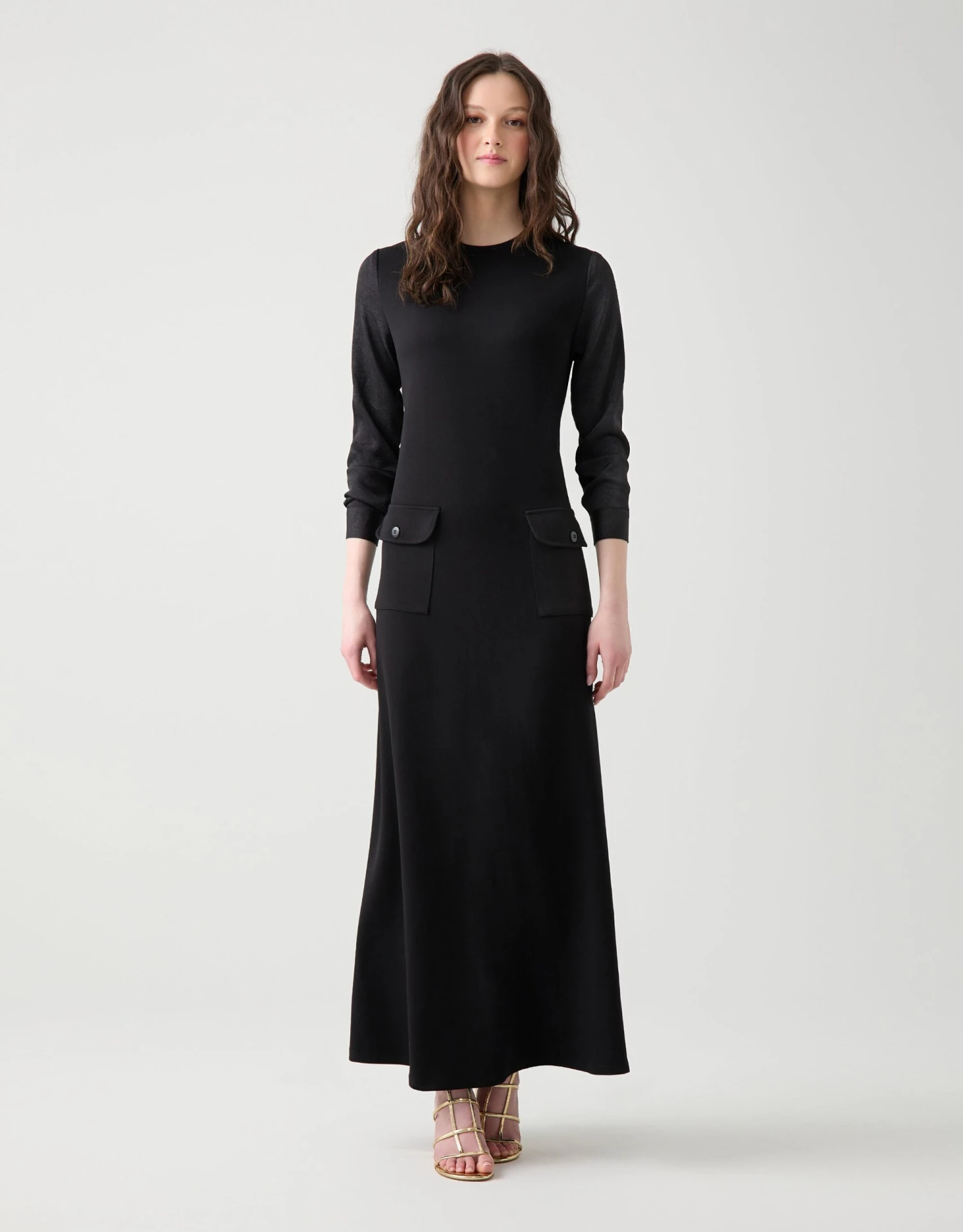 Jersey Maxi Dress With Tonal Patterned Satin Sleeves 1 Jersey Maxi Dress With Tonal Patterned Satin Sleeves