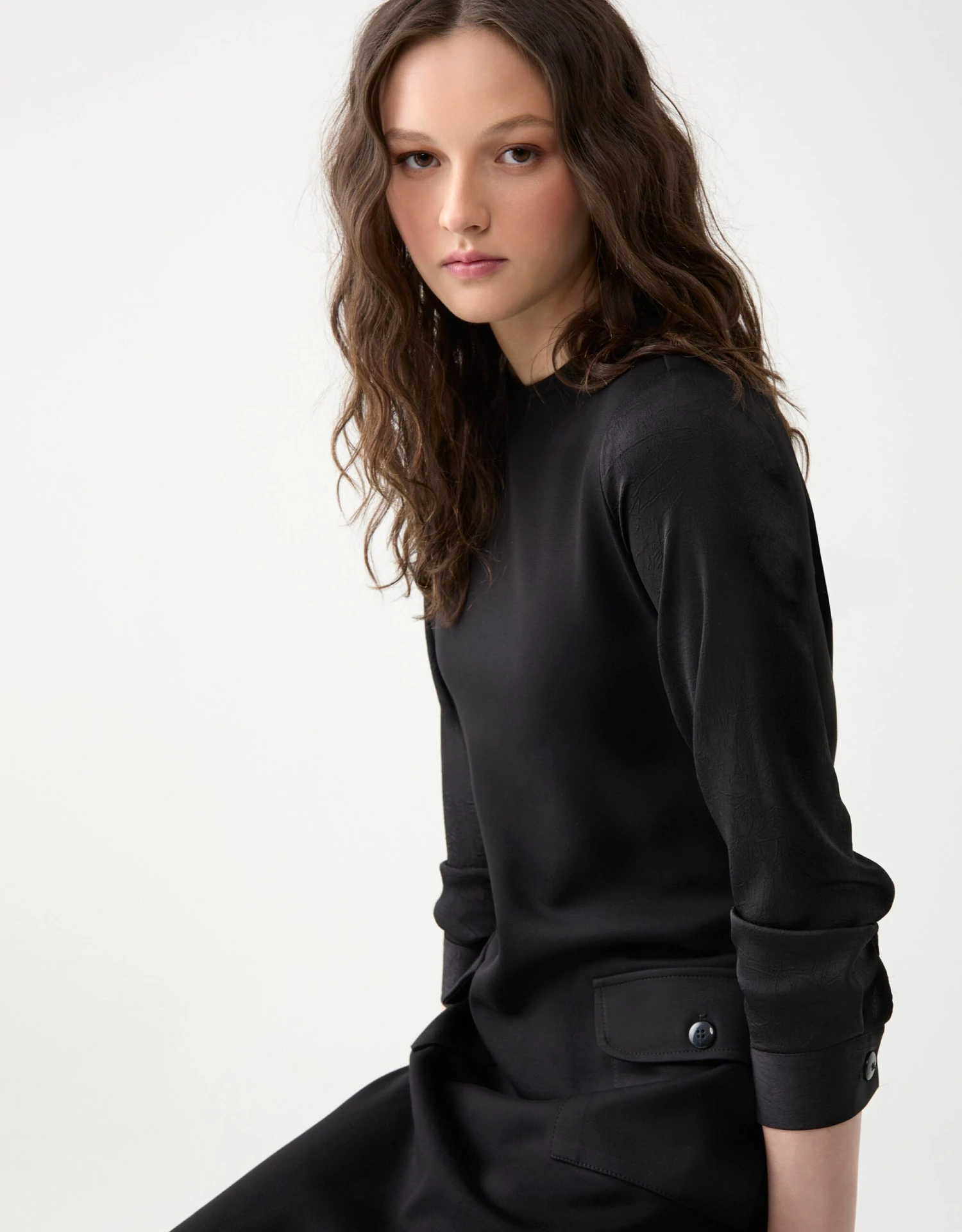 Jersey Maxi Dress With Tonal Patterned Satin Sleeves 2 Jersey Maxi Dress With Tonal Patterned Satin Sleeves - Image 2