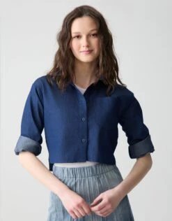 Fashionable Home Wear 29 Cactus Cropped Denim Shirt With Pocket Dark Blue