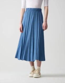 33" Denim Elastic Waist Accordian Pleat Skirt Light Blue