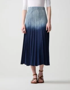 33" Denim Elastic Waist Accordian Pleat Skirt Blue Ombré