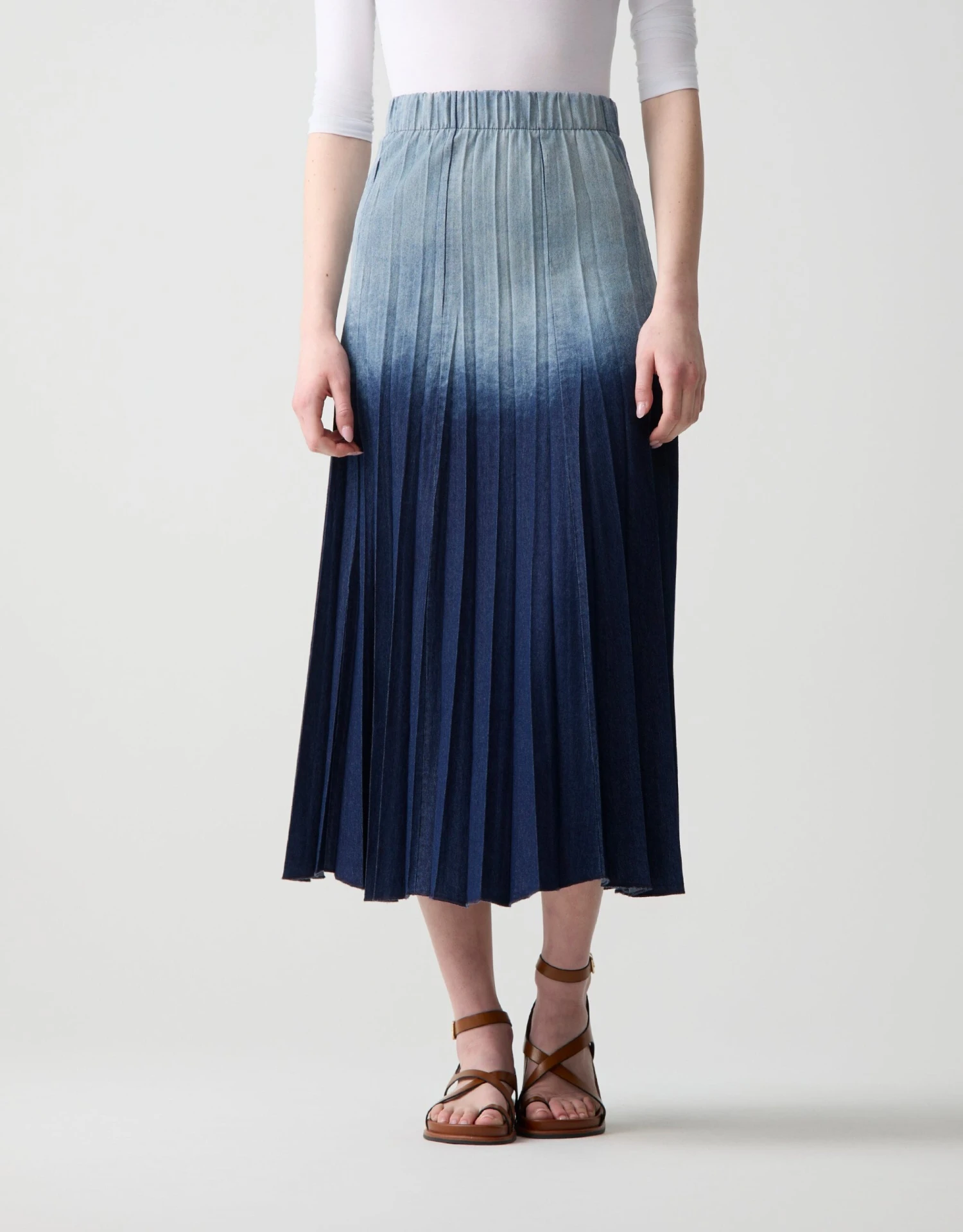 33" Denim Elastic Waist Accordian Pleat Skirt Blue Ombré 1 33" Denim Elastic Waist Accordian Pleat Skirt Blue Ombré