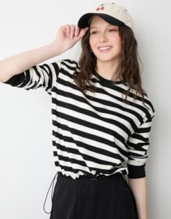 Nautical Striped Bungee Top Black Ivory
