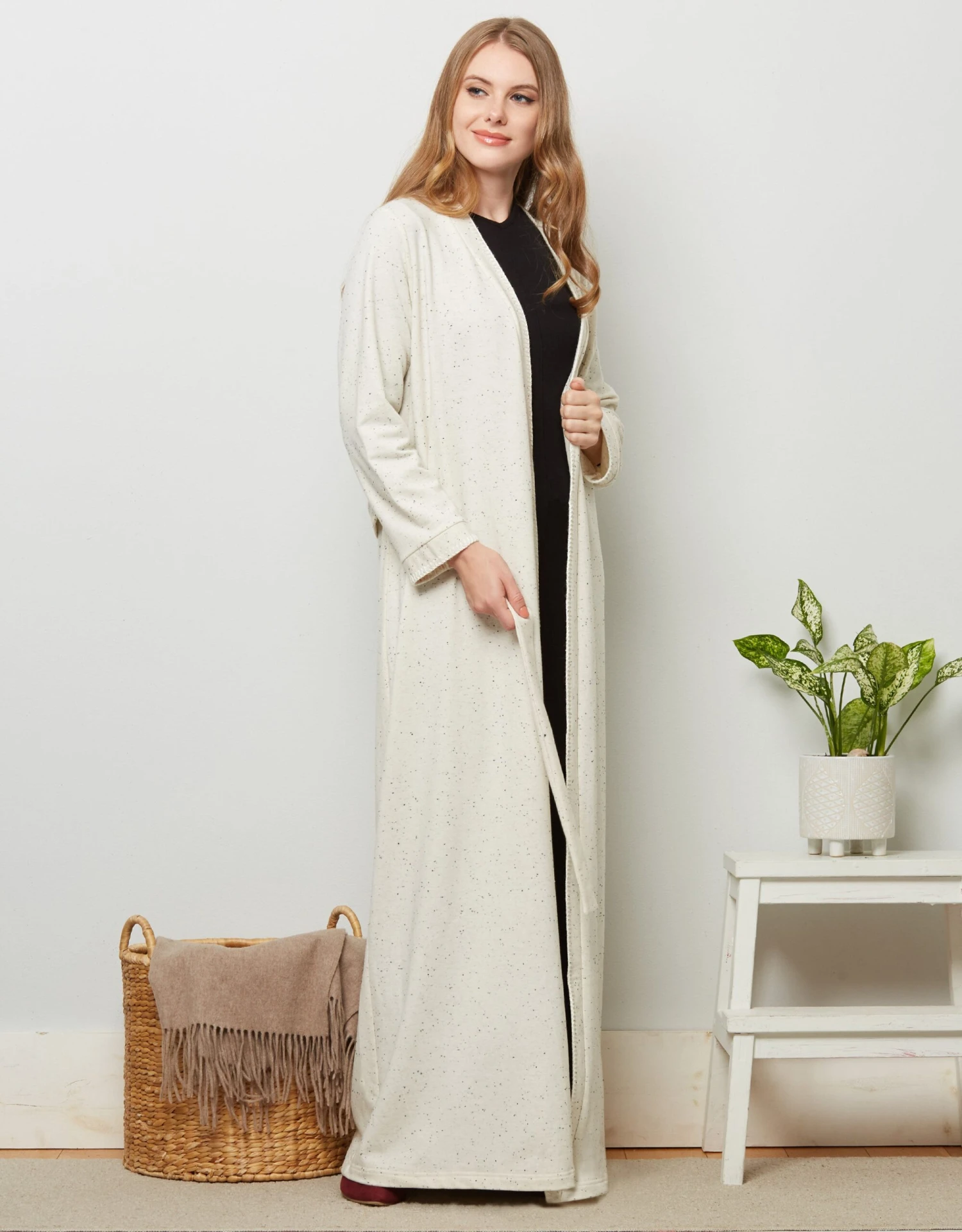 French Terry Heather Wrap Robe With Blanket Stitch Ivory 1 French Terry Heather Wrap Robe With Blanket Stitch Ivory