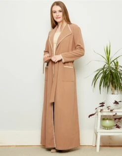 Fleece Belted Wrap Robe With Ivory Edge Trim Beige