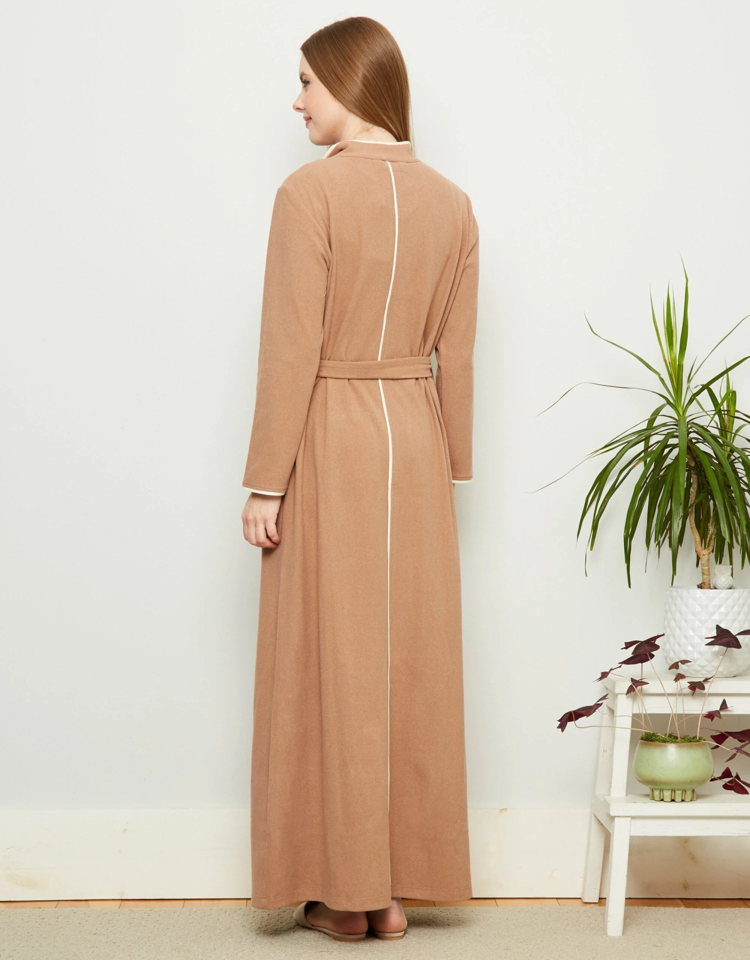 Fleece Belted Wrap Robe With Ivory Edge Trim Beige 3 Fleece Belted Wrap Robe With Ivory Edge Trim Beige - Image 3