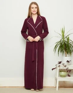 Fleece Belted Wrap Robe With Ivory Edge Trim Burgundy