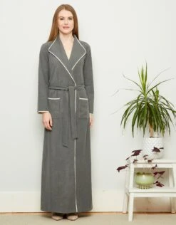 Fleece Belted Wrap Robe With Ivory Edge Trim Gray