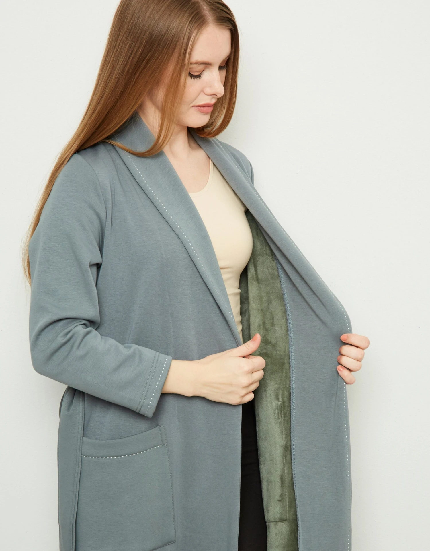 Plush Lined Belted Wrap Robe With Trapunto Stitching Sage 2 Plush Lined Belted Wrap Robe With Trapunto Stitching Sage - Image 2