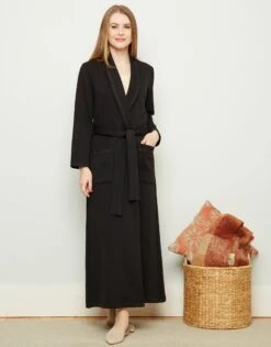 Plush Lined Belted Wrap Robe With Trapunto Stitching Black