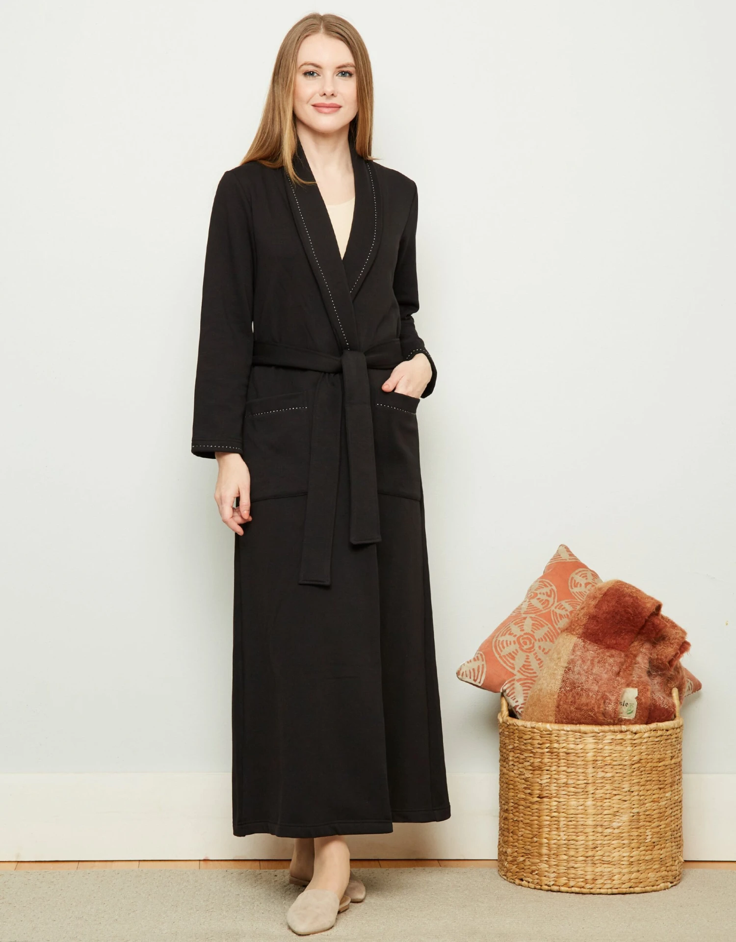 Plush Lined Belted Wrap Robe With Trapunto Stitching Black 1 Plush Lined Belted Wrap Robe With Trapunto Stitching Black