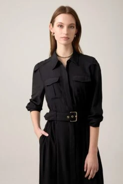 Rayon Maxi Shirt Dress With Enclosed Self Belt Black