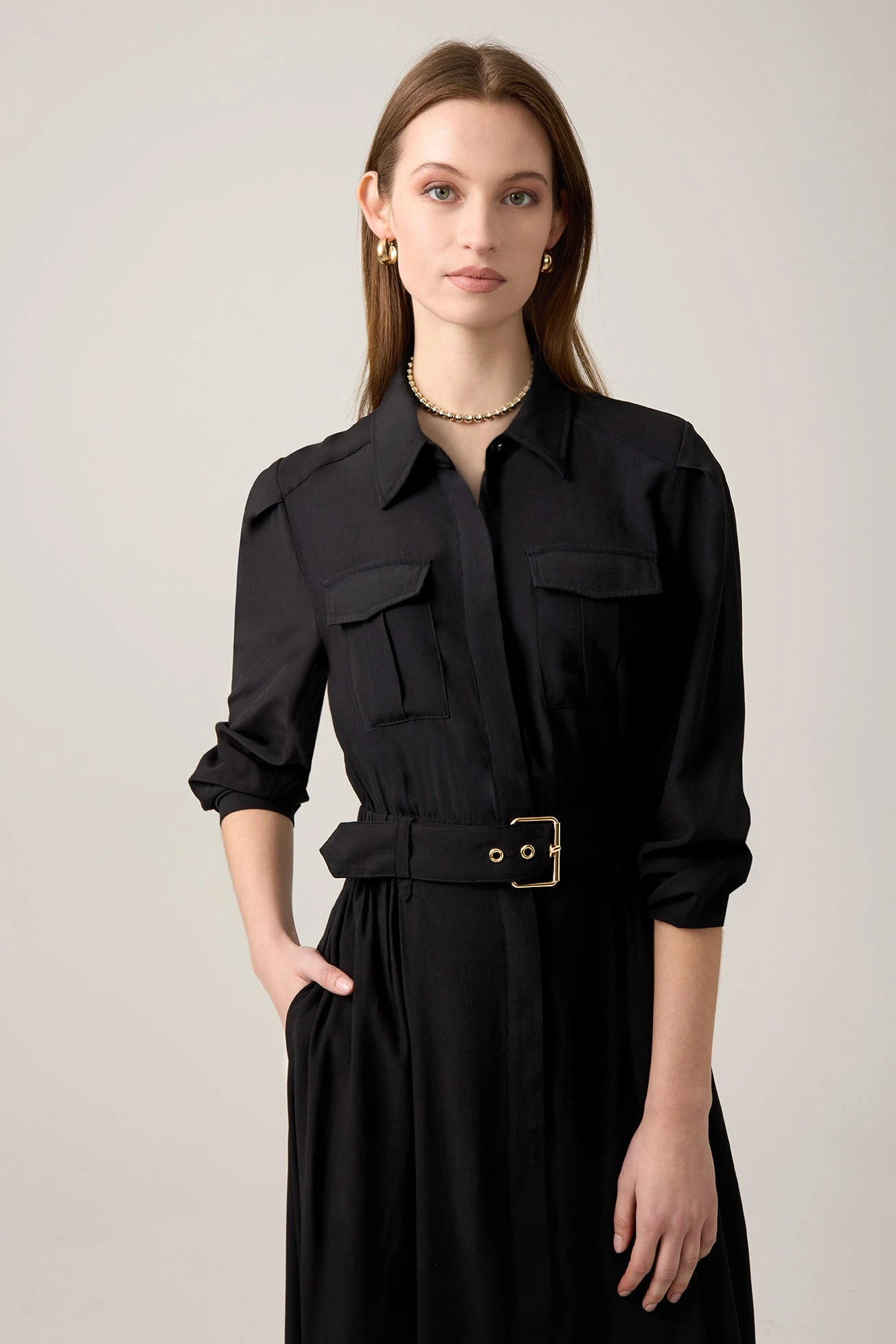 Rayon Maxi Shirt Dress With Enclosed Self Belt Black 1 Rayon Maxi Shirt Dress With Enclosed Self Belt Black