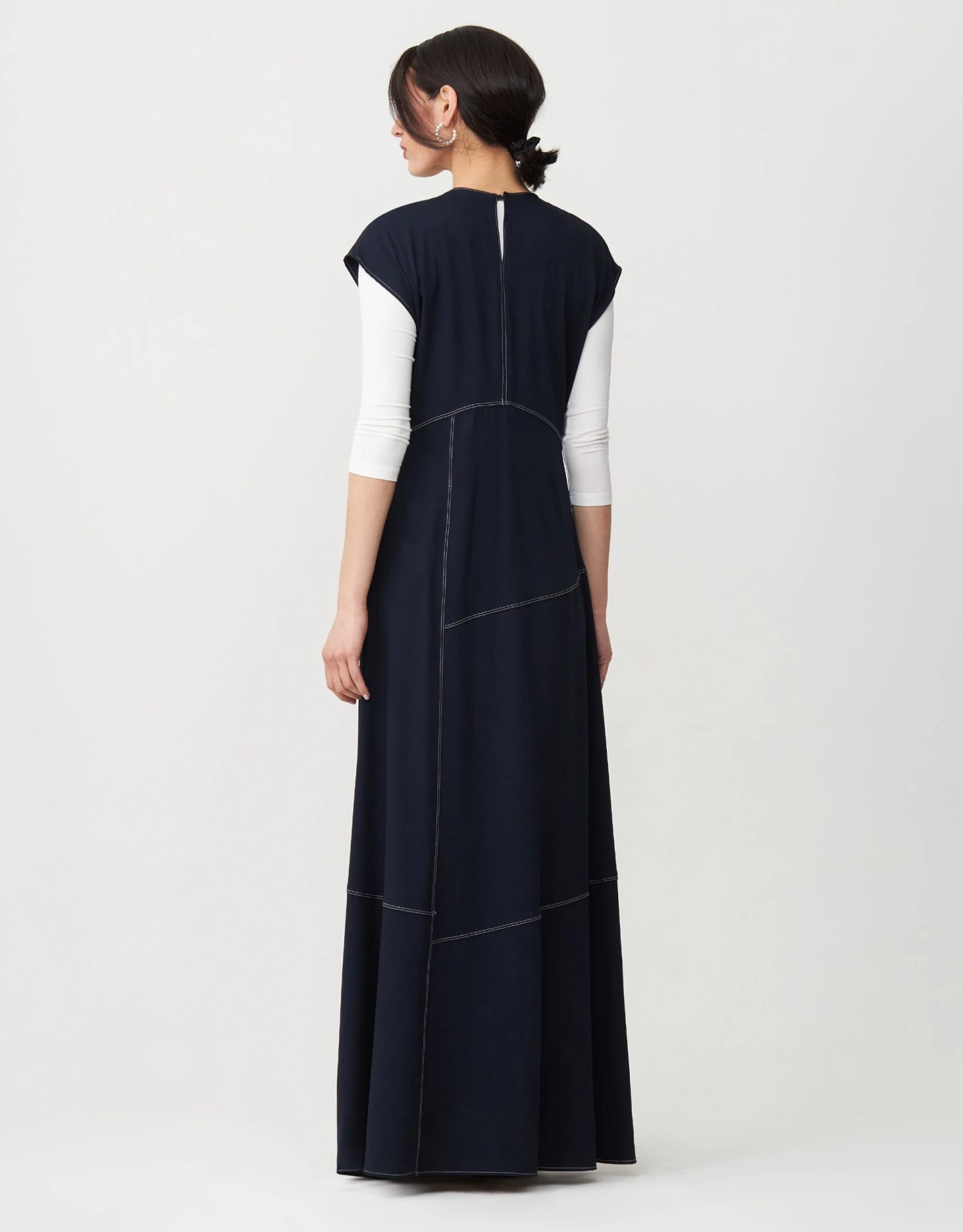 Contrast Stitched Aline Sleeveless Maxi Dress Shabbos Robe Navy 2 Contrast Stitched Aline Sleeveless Maxi Dress Shabbos Robe Navy - Image 2
