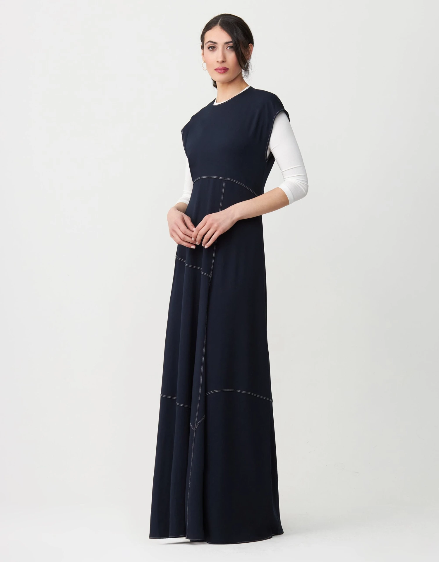Contrast Stitched Aline Sleeveless Maxi Dress Shabbos Robe Navy 1 Contrast Stitched Aline Sleeveless Maxi Dress Shabbos Robe Navy