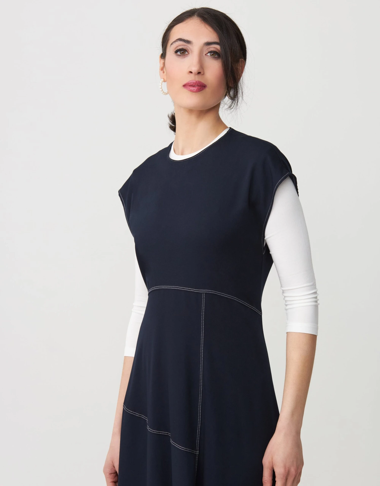 Contrast Stitched Aline Sleeveless Maxi Dress Shabbos Robe Navy 3 Contrast Stitched Aline Sleeveless Maxi Dress Shabbos Robe Navy - Image 3