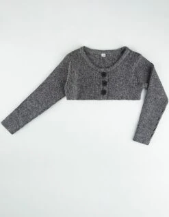 Kids Rib Knit Cropped Button Cardigan Black Heather