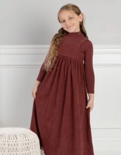 Girls Corduroy Maxi Jumper Shabbos Robe With Matching Turtleneck Set Cinnamon