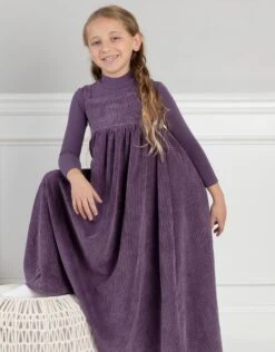 Girls Corduroy Maxi Jumper Shabbos Robe With Matching Turtleneck Set Purple