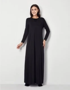 Pull On Nightgown With Tonal Satin Trim Black