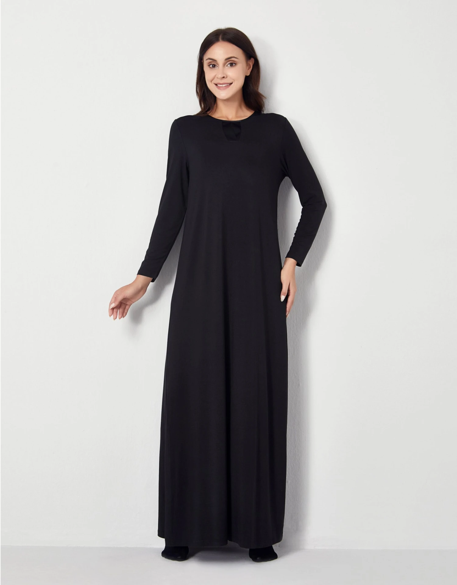 Pull On Nightgown With Tonal Satin Trim Black 1 Pull On Nightgown With Tonal Satin Trim Black