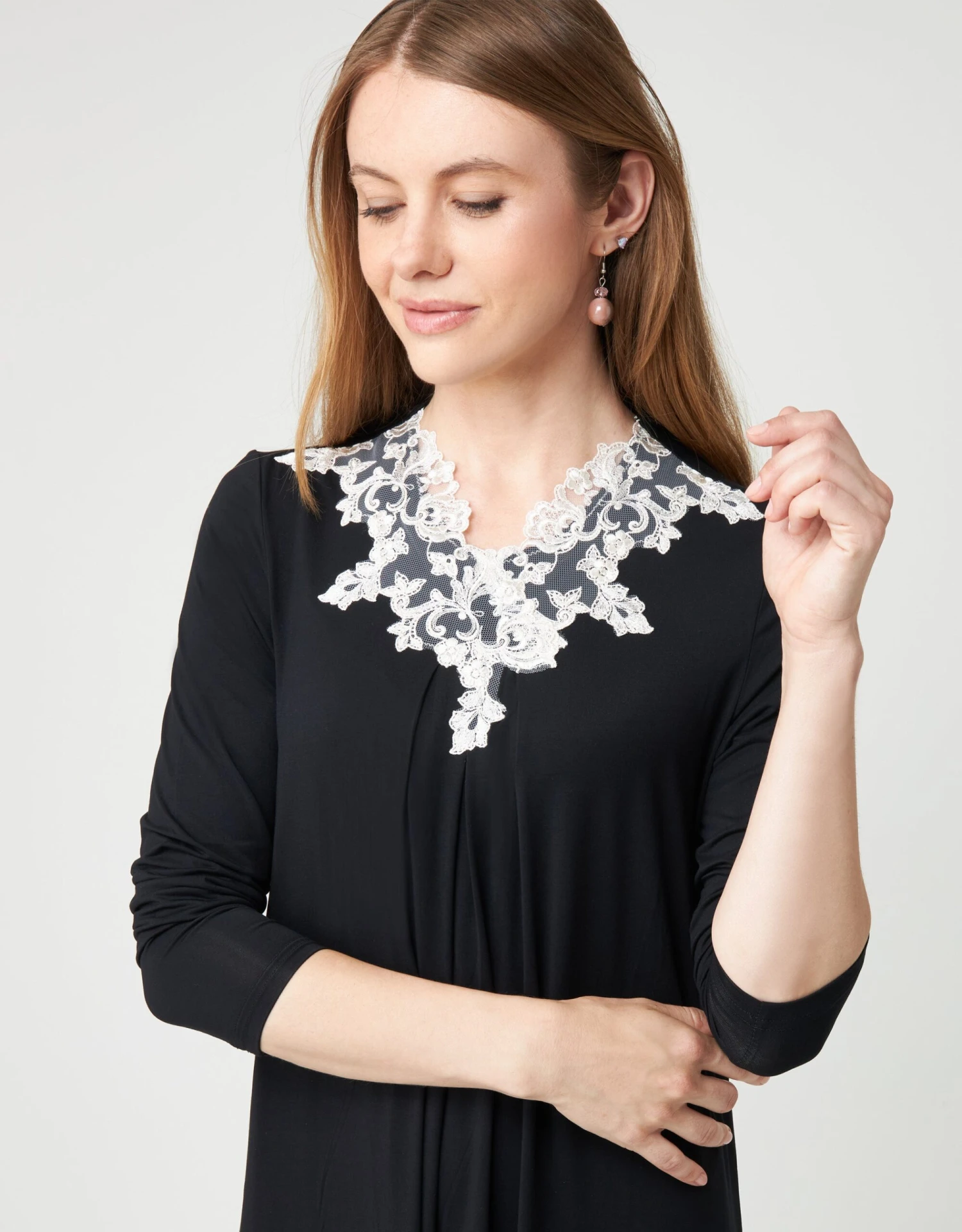 Cinderella Pull On Nightgown With Contrast Vneck Lace Trim Black 2 Cinderella Pull On Nightgown With Contrast Vneck Lace Trim Black - Image 2