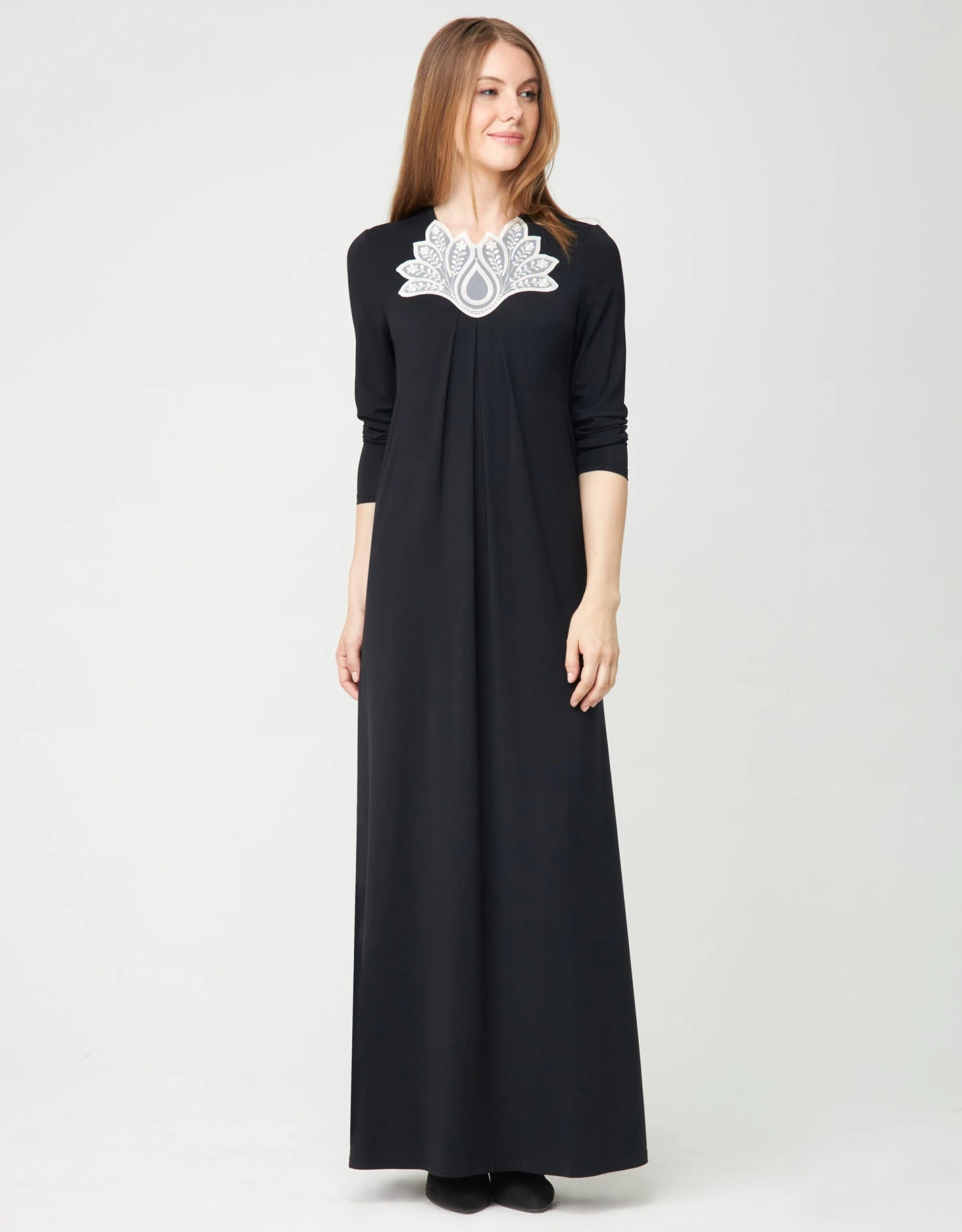 Cinderella Pull On Pleated Nightgown With Lotus Lace Contrast Trim Black 1 Cinderella Pull On Pleated Nightgown With Lotus Lace Contrast Trim Black