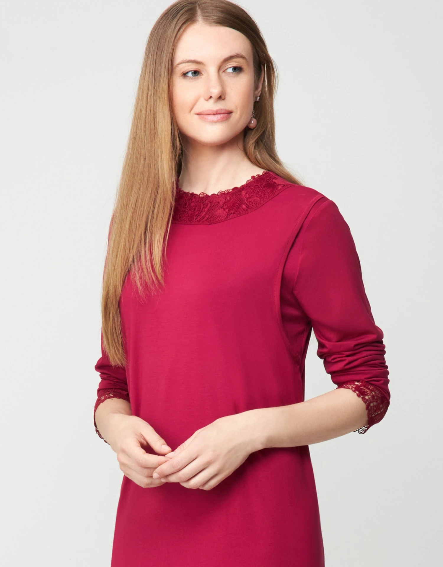 Cinderella Lace Trimmed Pull On Layered Nursing Nightgown Berry 2 Cinderella Lace Trimmed Pull On Layered Nursing Nightgown Berry - Image 2