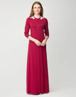 Cinderella Button Front Nightgown With Lace Shoulder Appliqu?? Berry