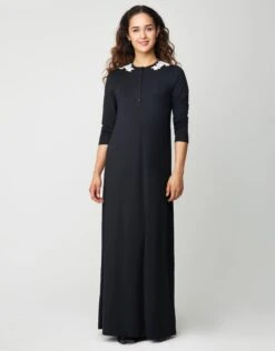 Cinderella Button Front Nightgown With Lace Shoulder Appliqu?? Black