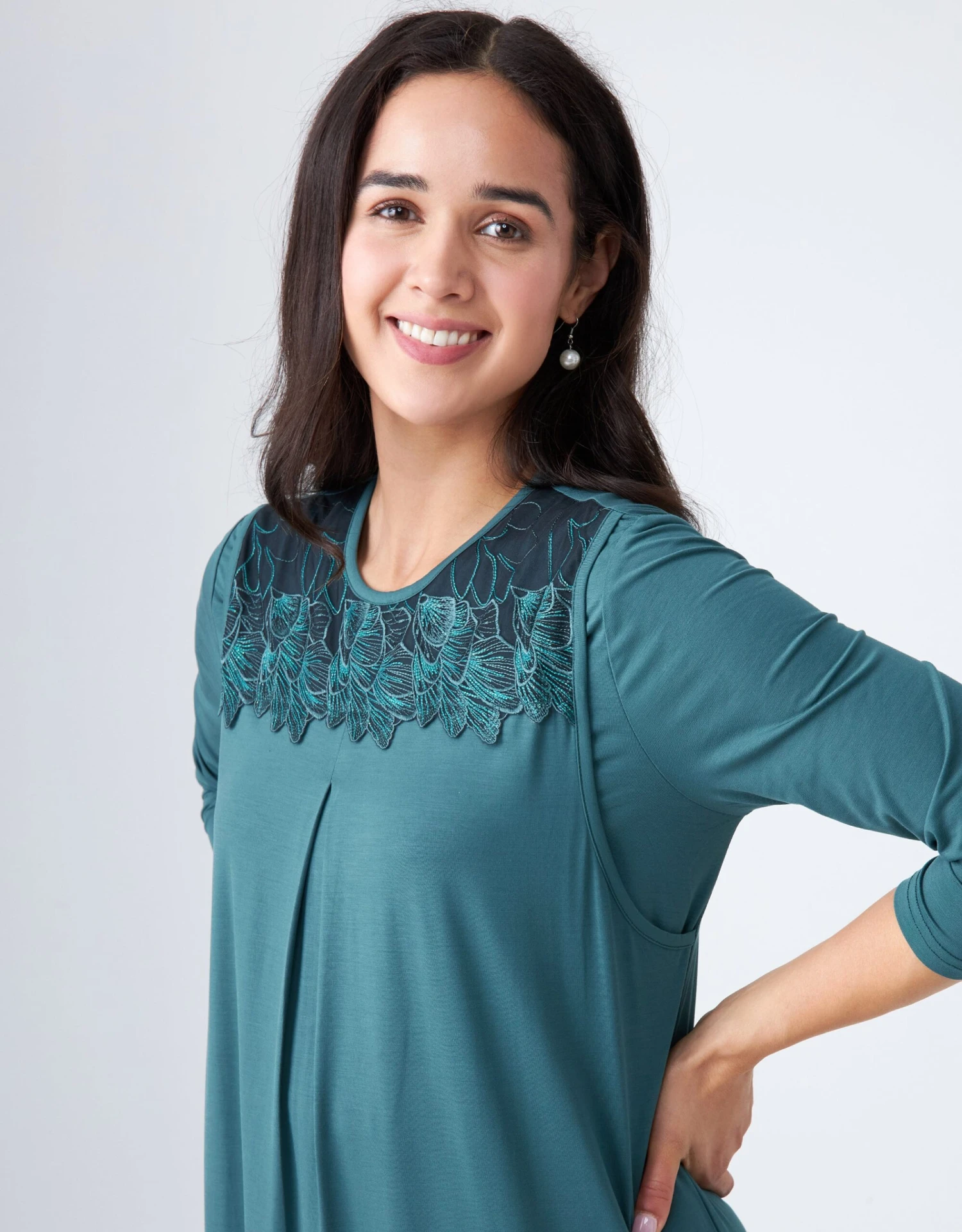 Cinderella Pull On Layered Nursing Nightgown With Sparkly Lace Teal Green 2 Cinderella Pull On Layered Nursing Nightgown With Sparkly Lace Teal Green - Image 2