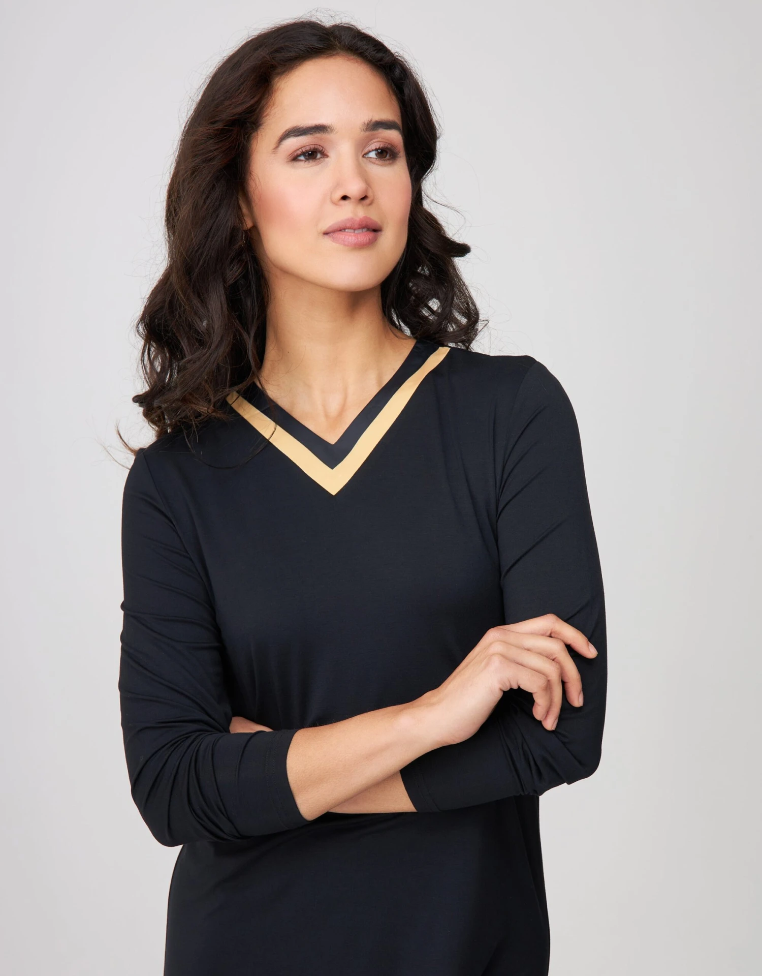 Cinderella Pull On Nightgown With Satin Trimmed Vneck Black Gold 2 Cinderella Pull On Nightgown With Satin Trimmed Vneck Black Gold - Image 2