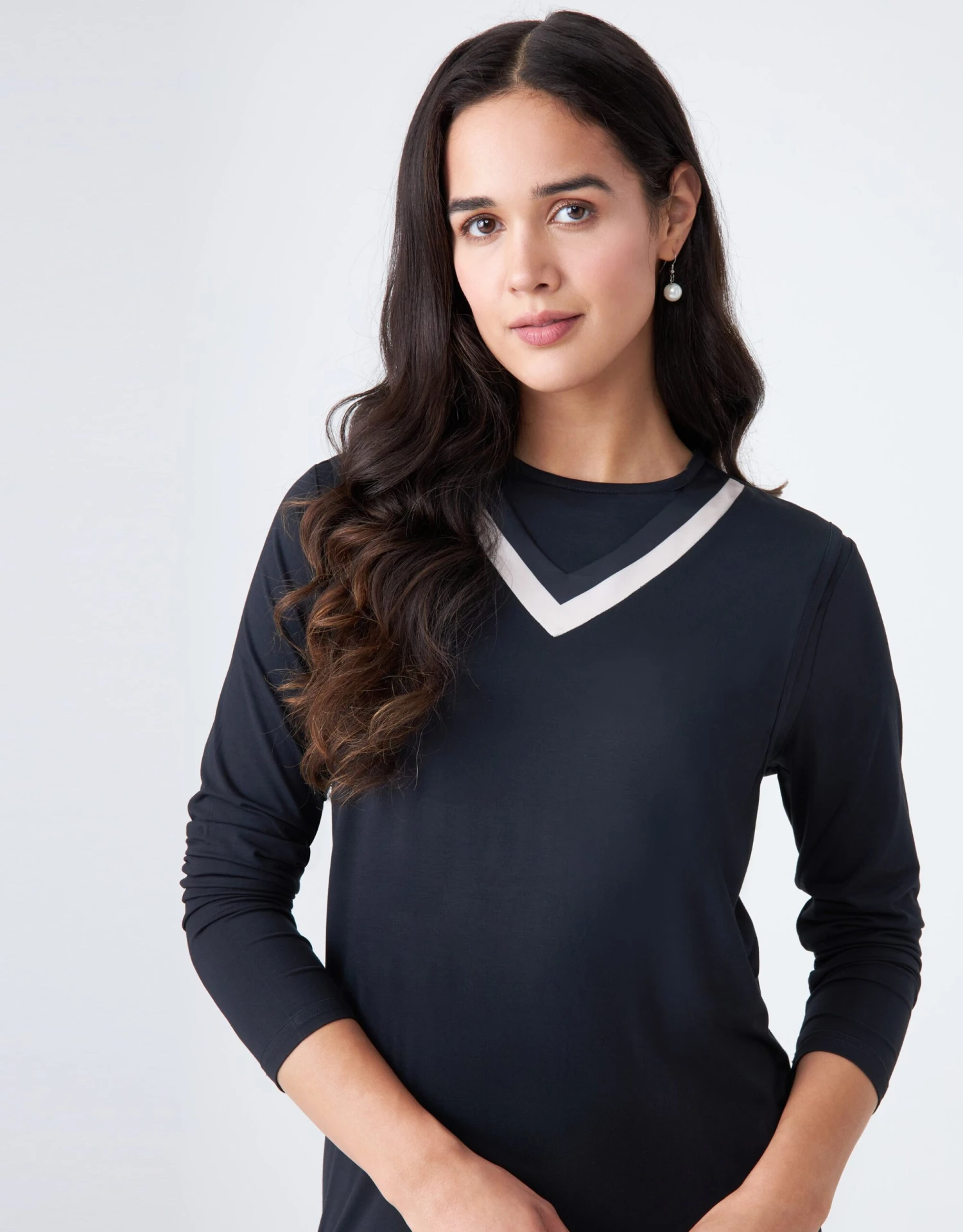 Cinderella Pull On Layered Nursing Nightgown With Satin Trimmed Vneck Black Ivory 2 Cinderella Pull On Layered Nursing Nightgown With Satin Trimmed Vneck Black Ivory - Image 2