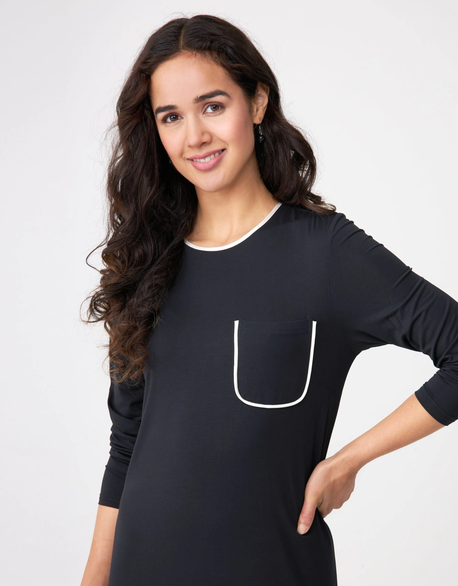 Cinderella Satin Trimmed Nightgown With Pocket Black Ivory 2 Cinderella Satin Trimmed Nightgown With Pocket Black Ivory - Image 2