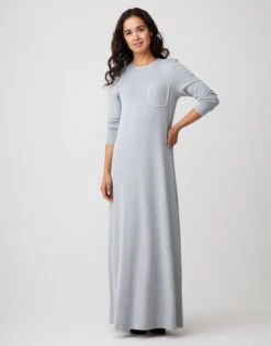 Cinderella Satin Trimmed Nightgown With Pocket Gray Ivory