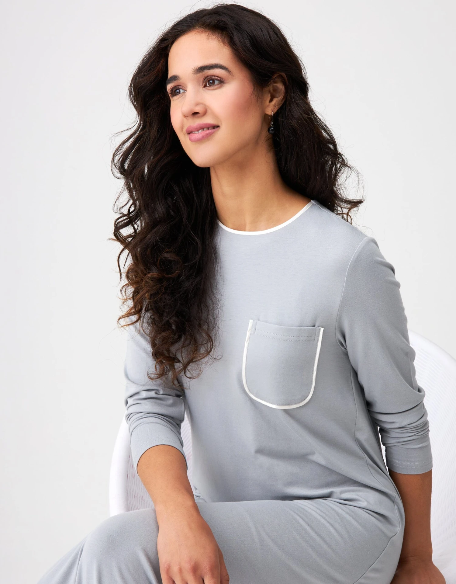 Cinderella Satin Trimmed Nightgown With Pocket Gray Ivory 2 Cinderella Satin Trimmed Nightgown With Pocket Gray Ivory - Image 2