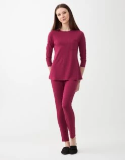 Cinderella Satin Trimmed Soft Pajama Legging Set With Pocket Berry