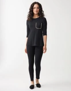 Cinderella Satin Trimmed Soft Pajama Legging Set With Pocket Black