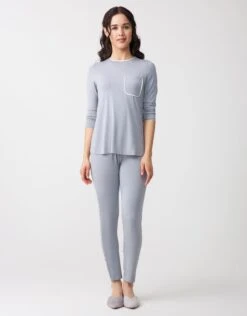 Cinderella Satin Trimmed Soft Pajama Legging Set With Pocket Gray