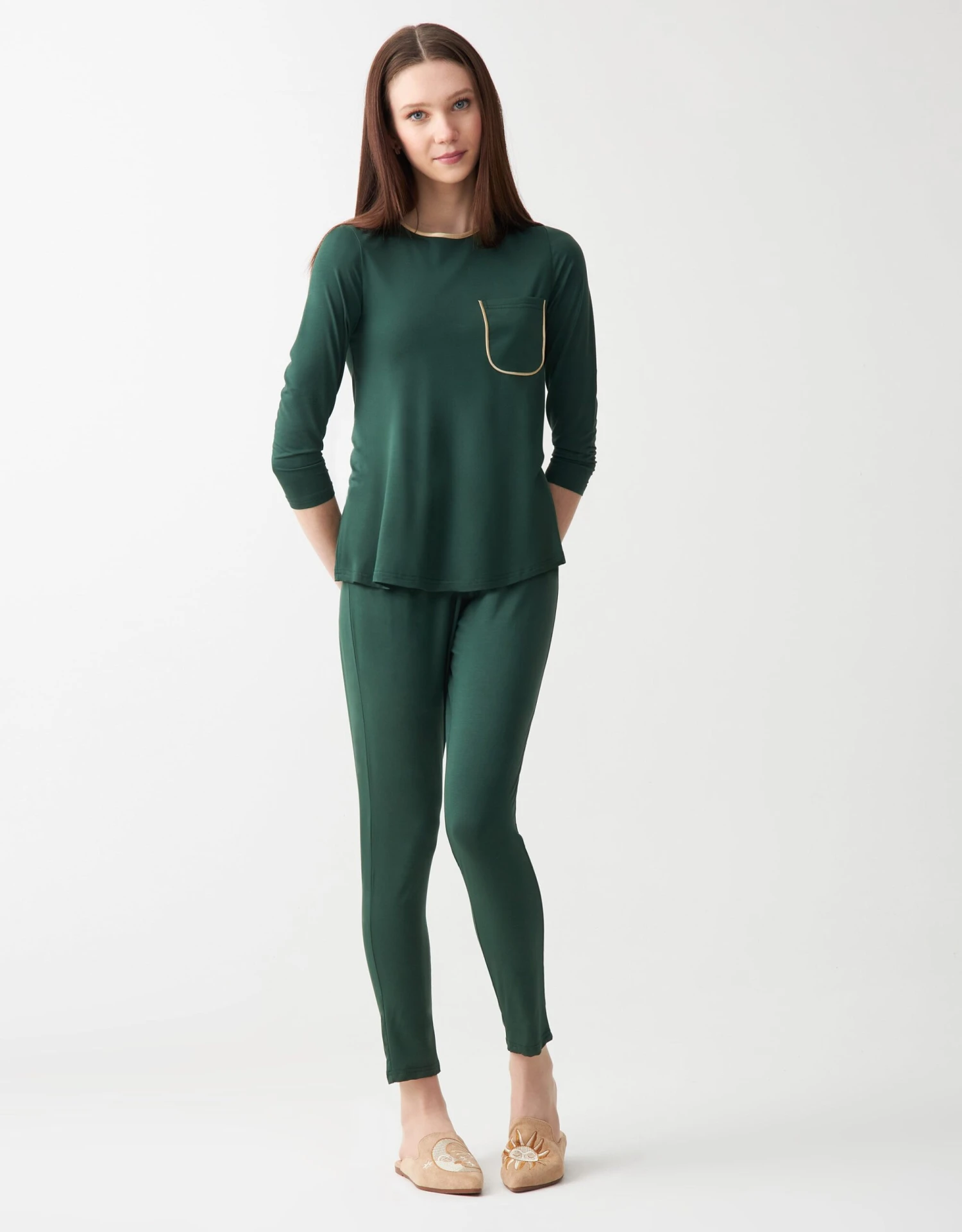 Cinderella Satin Trimmed Soft Pajama Legging Set With Pocket Green 1 Cinderella Satin Trimmed Soft Pajama Legging Set With Pocket Green