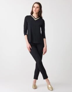 Cinderella Soft Pajama Legging Set With Satin Trimmed Vneck Black