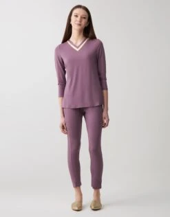 Cinderella Soft Pajama Legging Set With Satin Trimmed Vneck Lilac