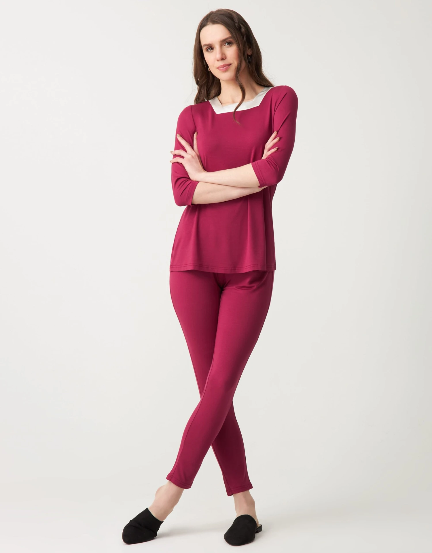 Cinderella Soft Pajama Legging Set With Square Cut Satin Neckline Berry 1 Cinderella Soft Pajama Legging Set With Square Cut Satin Neckline Berry
