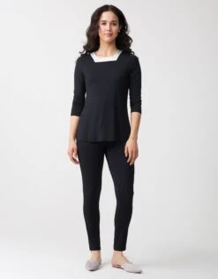 Cinderella Soft Pajama Legging Set With Square Cut Satin Neckline Black