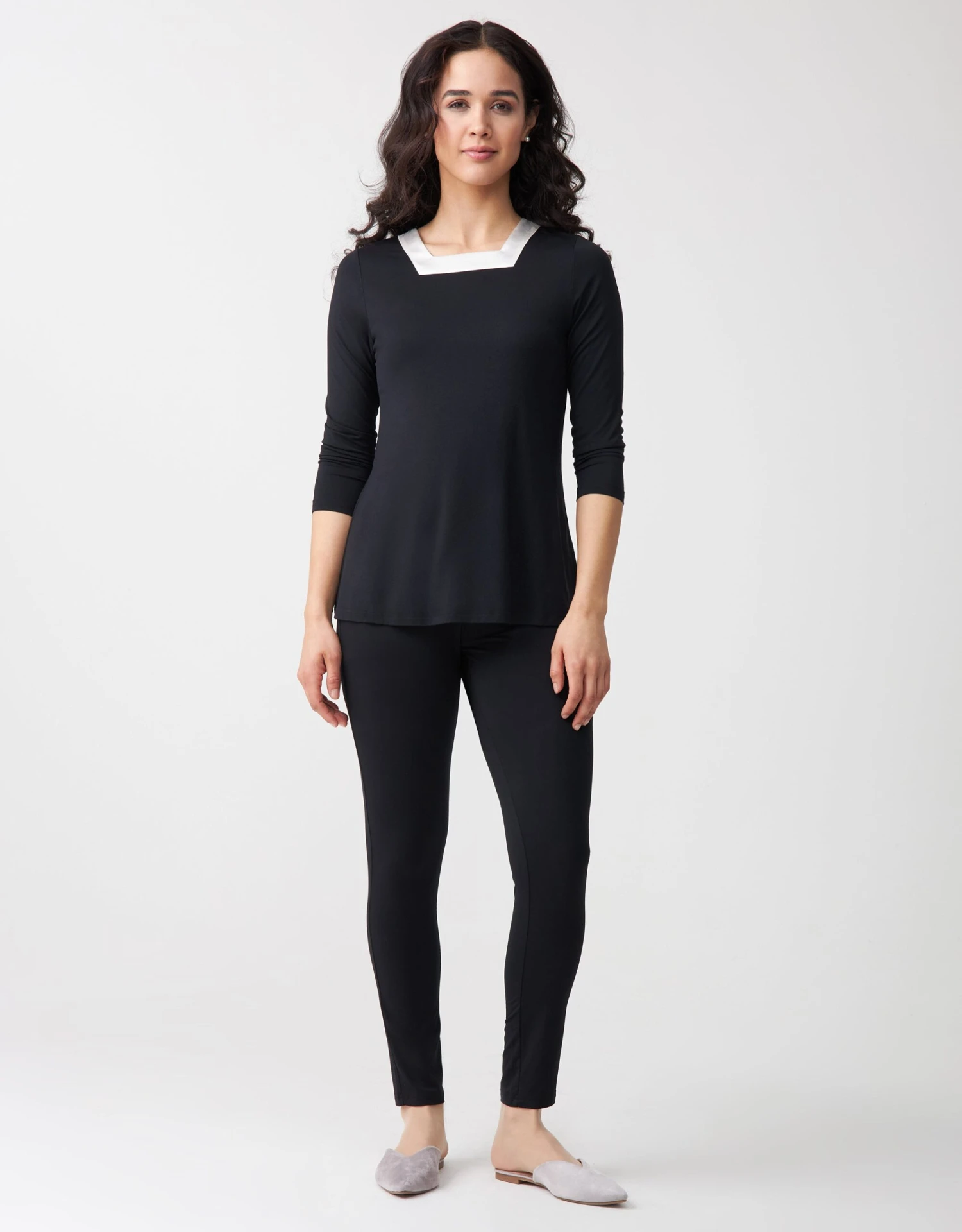 Cinderella Soft Pajama Legging Set With Square Cut Satin Neckline Black 1 Cinderella Soft Pajama Legging Set With Square Cut Satin Neckline Black