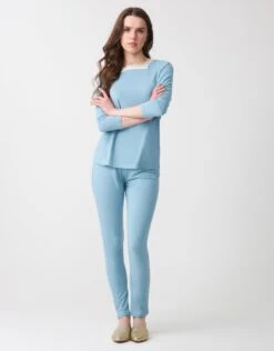 Cinderella Soft Pajama Legging Set With Square Cut Satin Neckline Mint