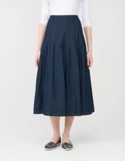 33" Tuck Pleat Skirt With Exposed Zipper And Tan Stitching Denim Blue