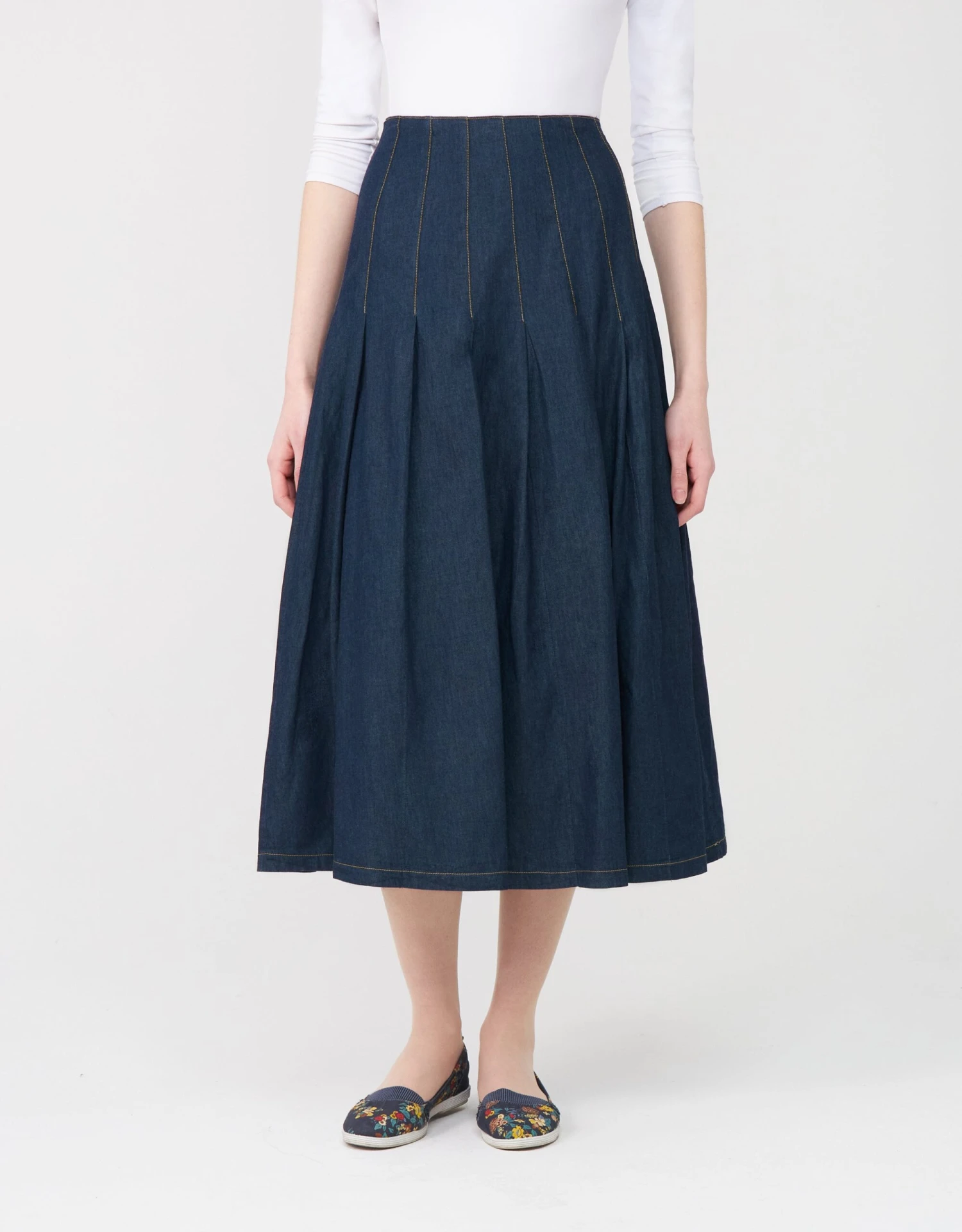 33" Tuck Pleat Skirt With Exposed Zipper And Tan Stitching Denim Blue 1 33" Tuck Pleat Skirt With Exposed Zipper And Tan Stitching Denim Blue