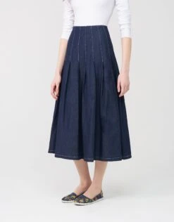 33" Tuck Pleat Skirt With Exposed Zipper And White Stitching Denim Blue