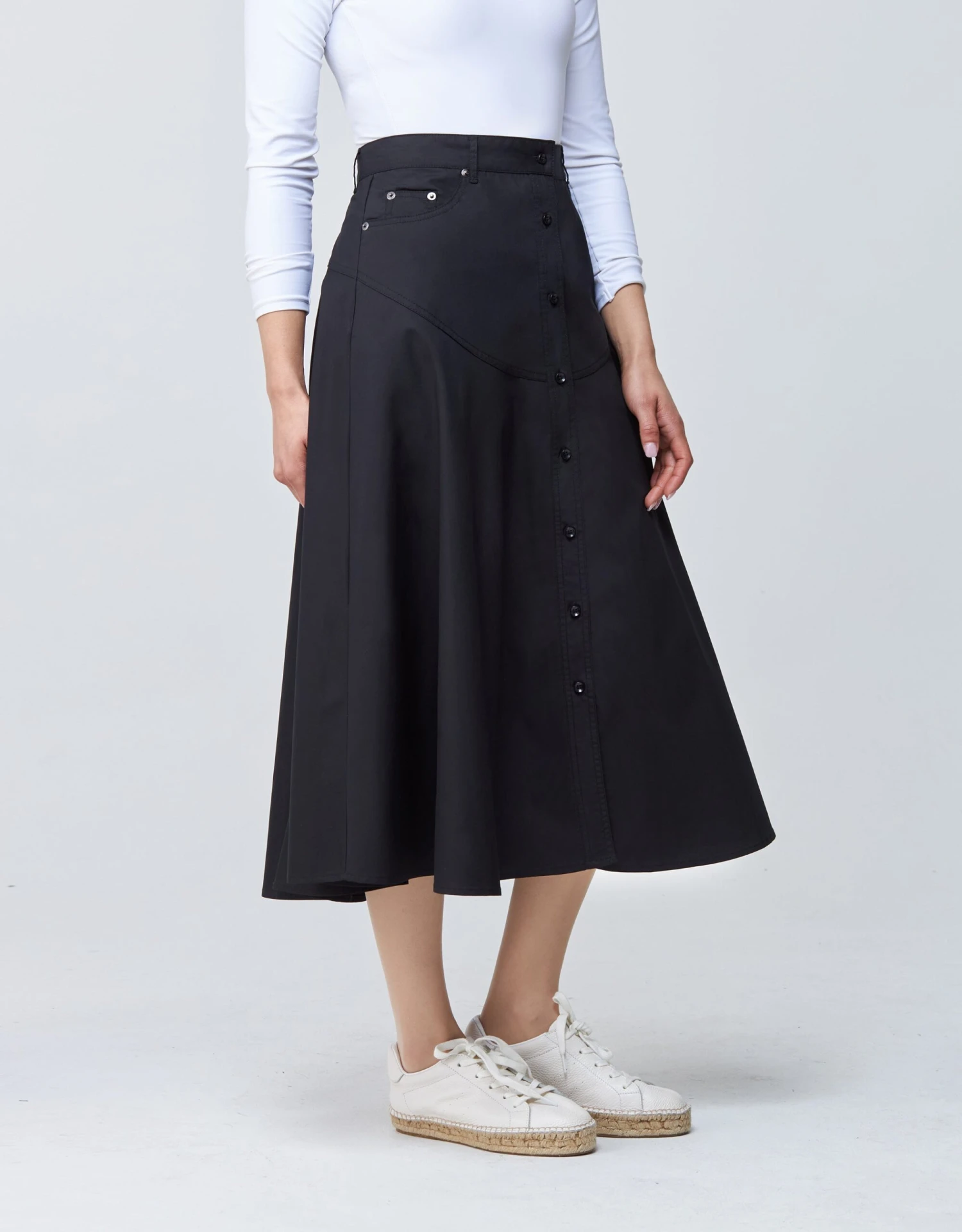 32" Tonal Stitched Poplin Western Button Skirt Black 2 32" Tonal Stitched Poplin Western Button Skirt Black - Image 2